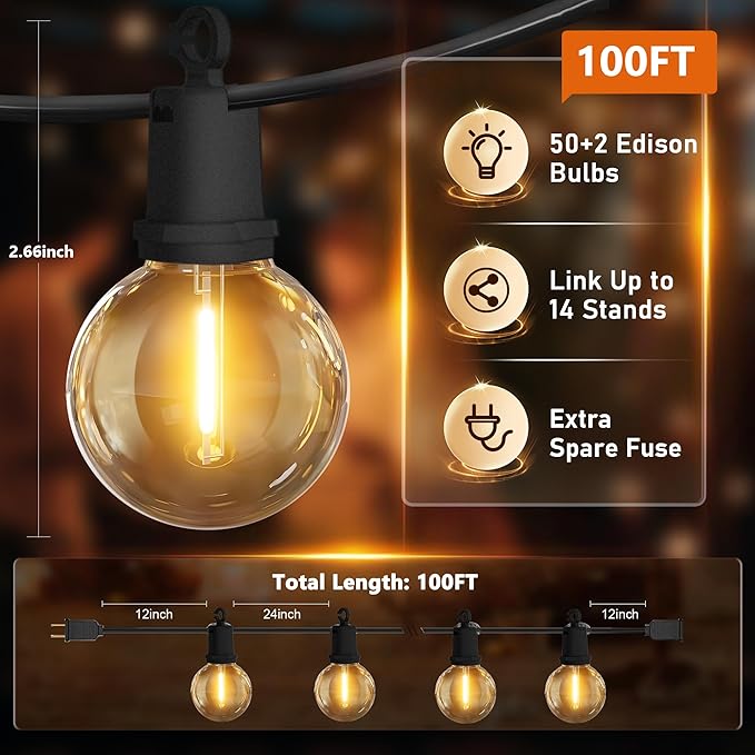 100Ft Chirstmas LED G40 Globe Outdoor String Lights Waterproof Patio Lights with 52 Shatterproof Warm White Bulbs | Lumora