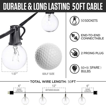 Outdoor String Lights 50ft Patio Lights with 55 G40 Bulbs (5 Spare), Connectable Globe String Lights for Party Tents Patio Gazebo Porch Deck Bistro Backyard Balcony Pergola Decor, Black Wire