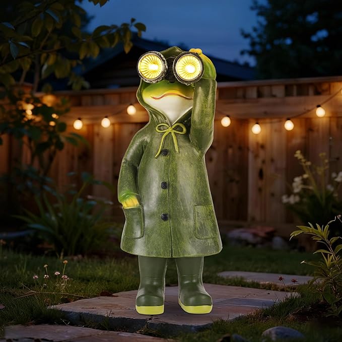 Solar Garden Statues Decor Frog with LED Lights and Telescope, Outdoor Garden Statues, Frog Statue for Patio, Balcony, Housewarming, Yard Ornaments Gifts for Women