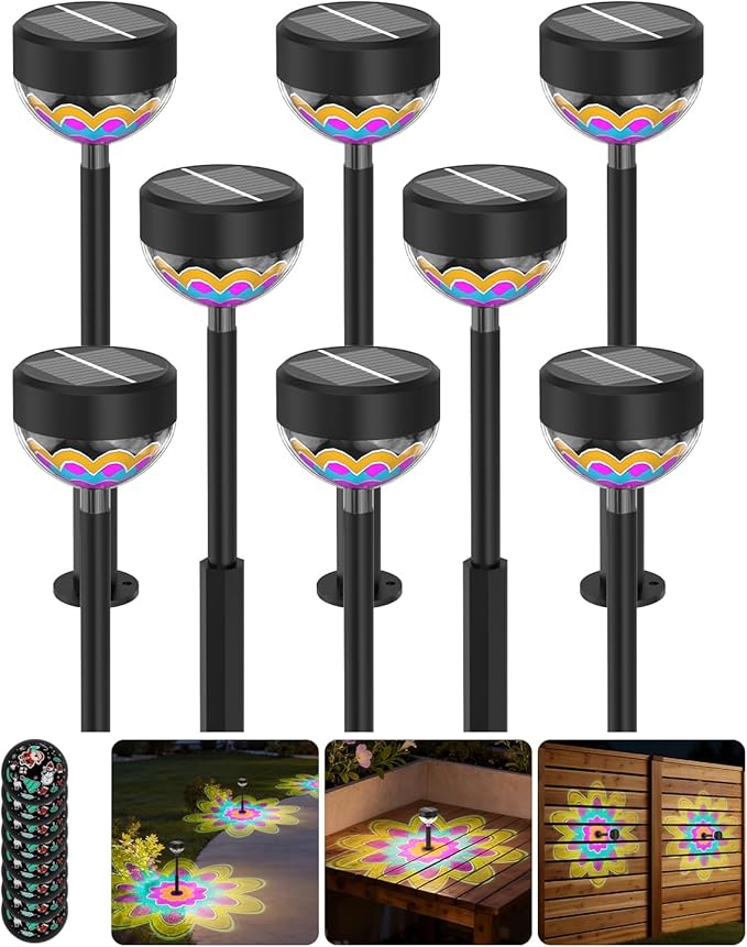 Solar Pathway Lights Outdoor, 8 Pack 1200mAh Solar Powered Garden Lights, 2 Themes Flower & Christmas, Height-Adjustable, Waterproof LED Projection Lighting for Yard Walkway Driveway Patio Decor