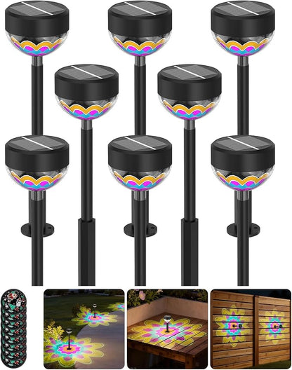 Solar Pathway Lights Outdoor, 8 Pack 1200mAh Solar Powered Garden Lights, 2 Themes Flower & Christmas, Height-Adjustable, Waterproof LED Projection Lighting for Yard Walkway Driveway Patio Decor