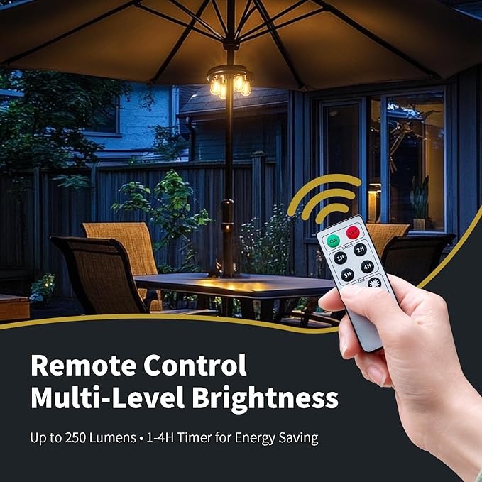 Patio Umbrella Light with Remote Control, Rechargeable Cordless LED Edison Bulbs Pole Light with 10 Brightness Levels for Garden, Patio, Backyard, Camping or BBQ - Brown (2 Pack)
