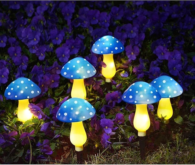 6-Pack Blue Solar Garden Lights, Solar Powered Mushroom Stake Lights for Outdoor Yard Decor, Waterproof Garden Ornaments for Backyard Lawn Deck Landscape Fence Christmas Halloween Decorations