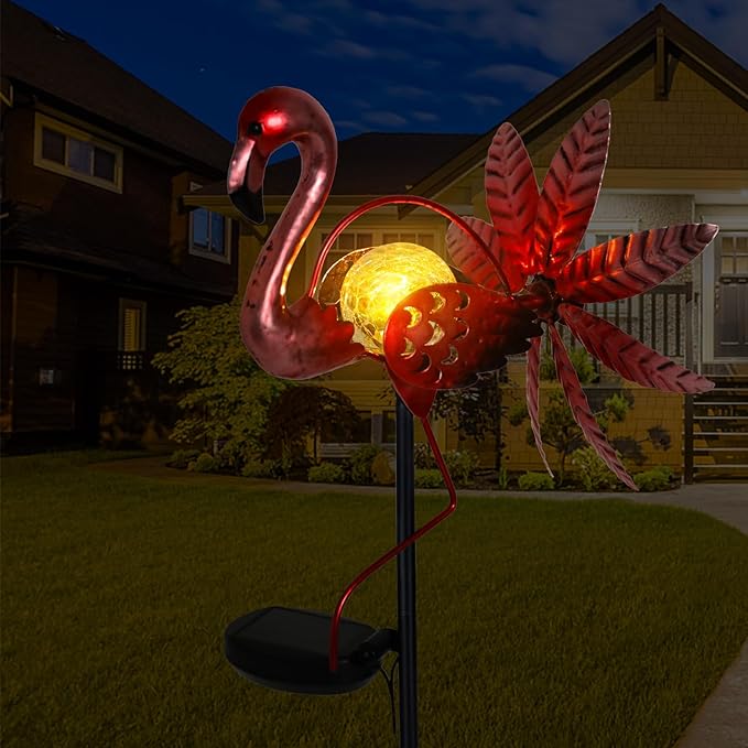 Bshine Flamingo Solar Light Wind Spinner Outdoor Garden Decoration, Waterproof Garden Stake LED with Cracked Glass Ball, Gift for Mom,Lawn Ornaments for Pathway, Patio, Yard Christmas Decor Outdoor