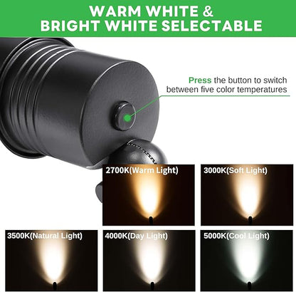 Landscape Spotlights Low Voltage - Warm & Cool White Adjustable Temp Uplight, Outdoor 12V LED Spot Lights, Wired IP65 Waterproof Aluminum, Black for Exterior House Tree Garden Yard