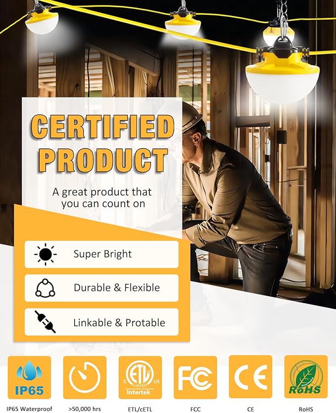 100FT Construction String Light 130W 16000Lm, 5000K Industrial Grade LED String Work - Outdoor Security Flood Light | Lumora