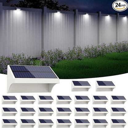NIORSUN Outdoor Fence Lights, 24 Pack Waterproof LED Solar Fence Lights with 1500mAh Battery, Warm White/Cool White/RGB, Easy-to-Install Wall Light for Deck, Patio, Railing, Stairs, Backyard – White