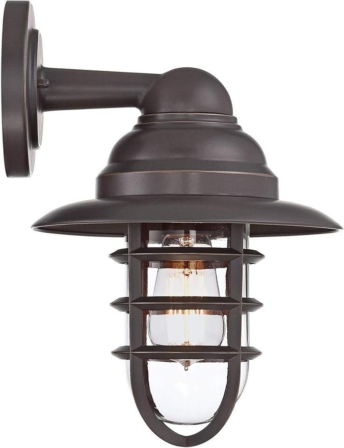 John Timberland Marlowe Rustic Industrial Farmhouse Outdoor Wall Light Fixture Bronze Hooded Cage 13" Clear Glass for Exterior Barn Deck House Porch Yard Patio Outside Garage Front Door Garden