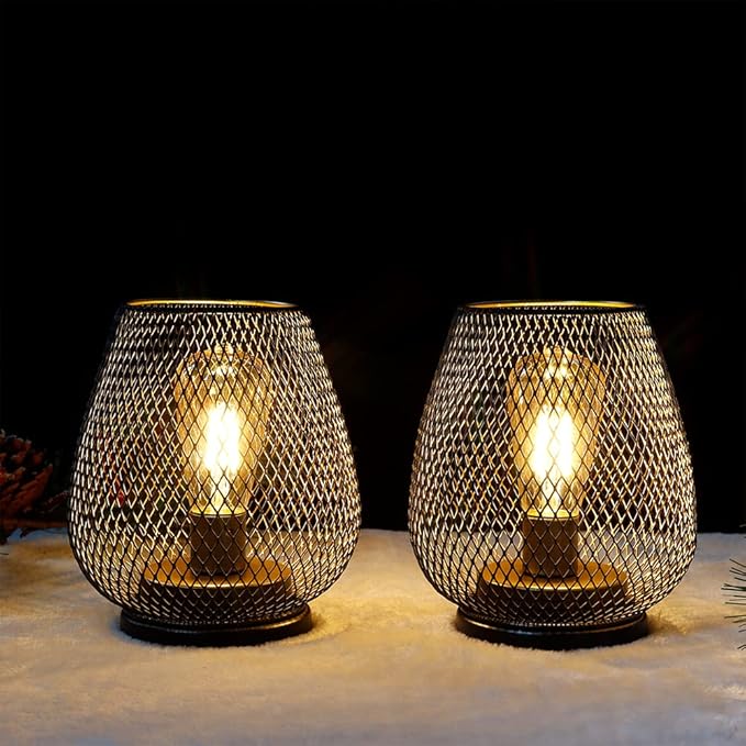 TRIROCKS Set of 2 Medium Battery Powered Outdoor Lantern 6.5'' High Metal Table Lamp Cordless Battery Operated | Lumora