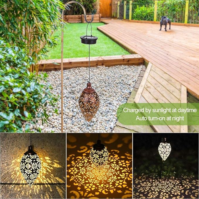 (2 Pack) Hanging Solar Lights, Tomshine Solar Lantern LED Moroccan Garden Decor, Metal Solar Lanterns Outdoor | Lumora
