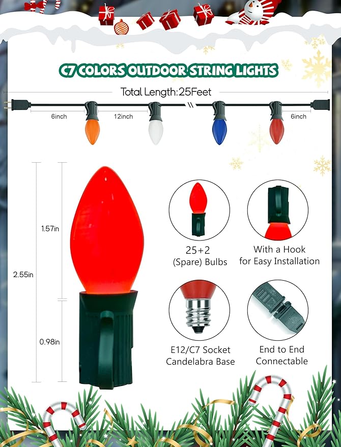 Abeja 25FT C7 Multicolor Light Outdoor, Vintage Christmas String Lights with 27 Multicolor Ceramic Bulbs (2 Spare), Hanging Christmas Lights for Outdoor Xmas Patio Wedding Party Garden Decor