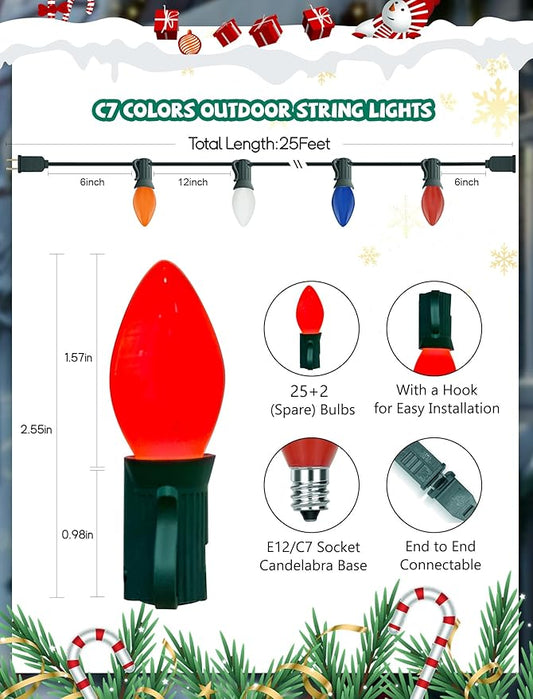 Abeja 25FT C7 Multicolor Light Outdoor, Vintage Christmas String Lights with 27 Multicolor Ceramic Bulbs (2 Spare), Hanging Christmas Lights for Outdoor Xmas Patio Wedding Party Garden Decor