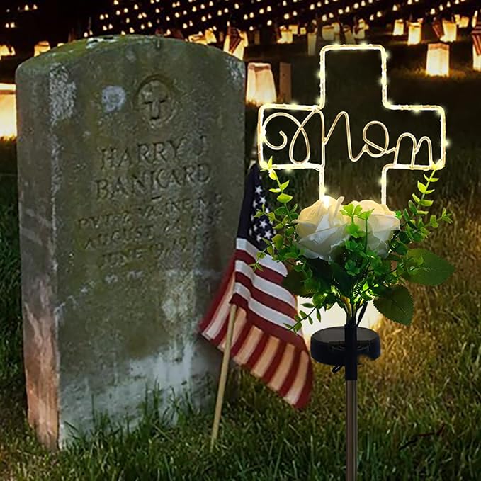Lmtocs Grave Decorations for Cemetery Mom, Memorial Sympathy Gifts for Mom Cemetery Decorations, Waterproof Solar Cross Lights with Rose Flower for Christmas Mother Day Memorial Day Decor