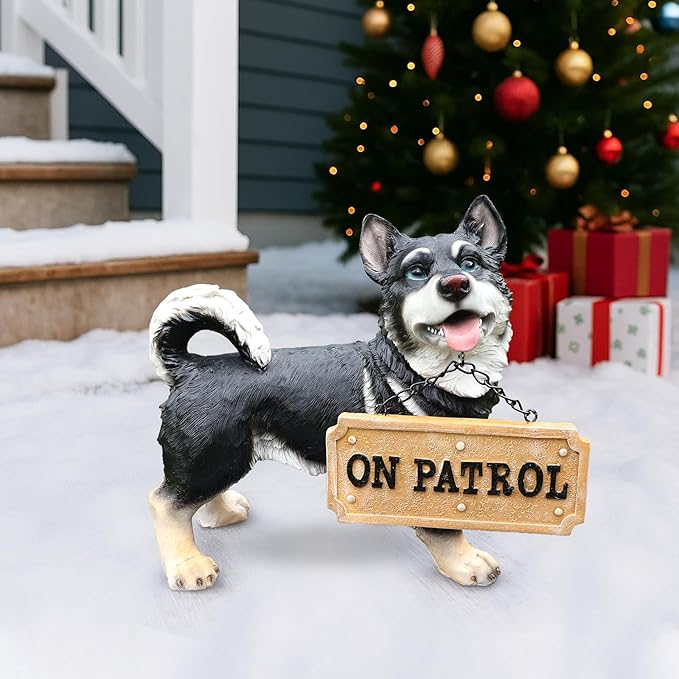 Outdoor Husky Dog Statue with Interchangeable Welcome Sign and Detachable Solar Lantern –LED Light Garden Dog Sculpture Décor, Cute Puppy Design for Yard, Porch, Gift