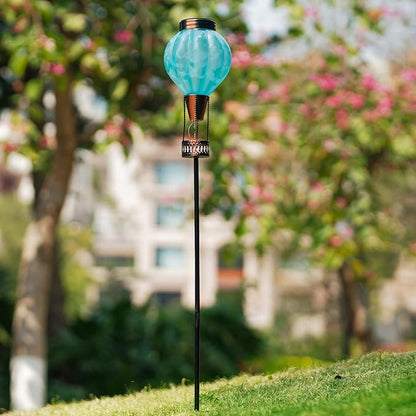 Solar Garden Lights Outdoor with Hot Air Balloon, Stake Garden Lights Solar Waterproof Flickering Lantern Lawn Pathway Patio Decor（Blue）
