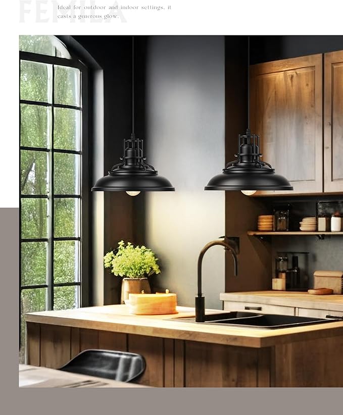 FEMILA Black & Gold Pendant Lights for Kitchen Island, 12" Farmhouse Pendant Light Fixture, Adjustable Hanging Barn Lights Outdoor for Dining Room, Entryway, 4FY15-MP BK-1