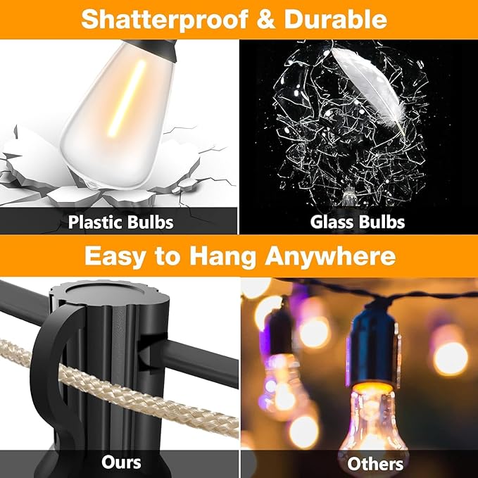 GLUROO String Lights for Outside 120FT, 60+4 Pcs Vintage Bulbs LED Outdoor Edison String Lights Waterproof, Shatterproof Connectable Patio Lights Outdoor, Dimmable Hanging Lights for Backyard,Bistro