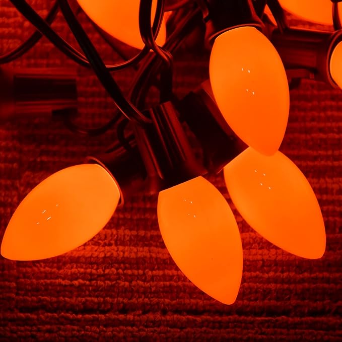 C9 Ceramics Orange String Lights, 25Ft Outdoor Halloween String Light with 26 Ceramics Orange Bulbs(1 Spare), Halloween Lights for Indoor Outdoor Party Holiday Decor, Black Wire