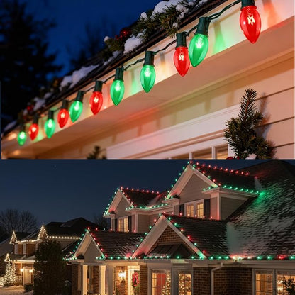 25FT Red and Green Christmas Lights, C9 Waterproof Red Green Outdoor Light with 26 Bulbs (1 Spare), Shatterproof Hanging String Lights for Home Garden Yard Xmas Tree Decorations