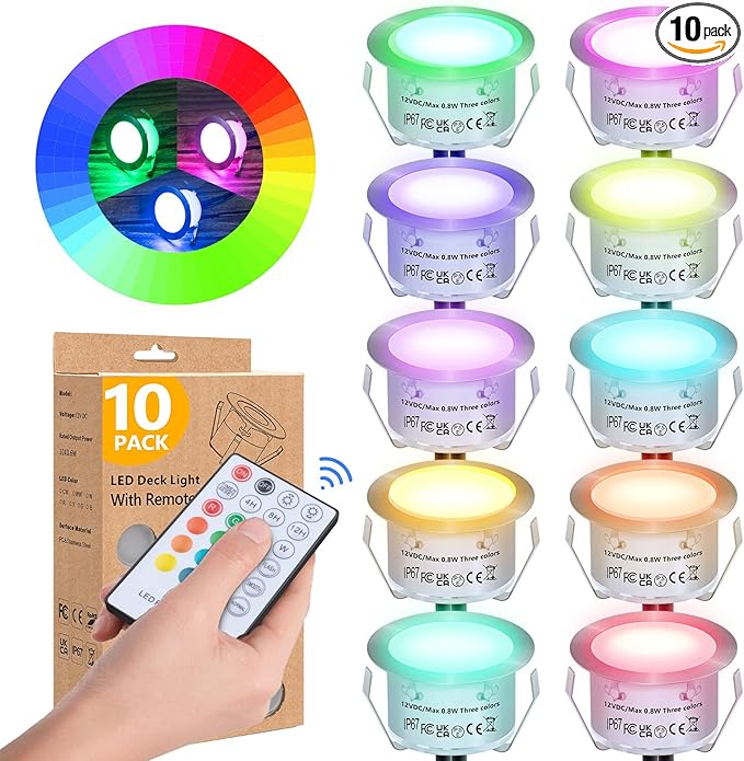 HIBOITEC 10PCS Low Voltage Recessed RGB Deck Lamp φ42mm with Remote Control, LED Deck Lights Kit IP67 Waterproof | Lumora