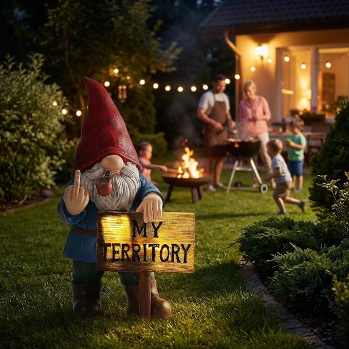 Lavezee Funny Garden Gnome, Middle Finger Gnomes Statue with Solar Lighted Sign – “My Territory” for Patio Backyard Porch Outdoor, Humorous Housewarming Birthday Gifts for Men Dad Husband