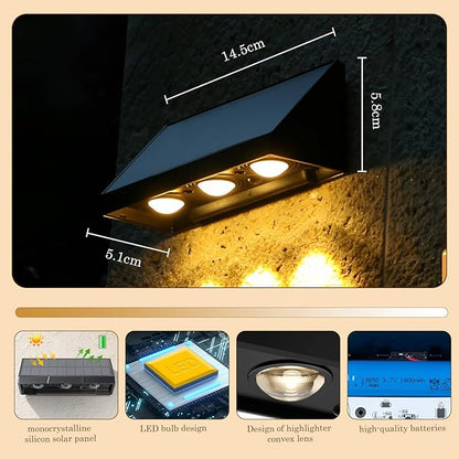 Solar Wall Light Outdoor-2 Pack, Three-Bulb IP65 Waterproof 60 Lumens, Warm White Lighting Auto ON/Off Deck Lighting for Wall for Patio, Backyard, Steps, Deck, Fence