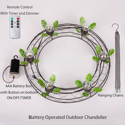 Battery Operated Outdoor Chandelier, Decorative Hanging Pendant Lights with 6pcs G40 Bulbs, Rust Finish Metal Wire Floral shade, Brightness Adjustable with Timer for Pergola Gazebo Porch Patio Decor