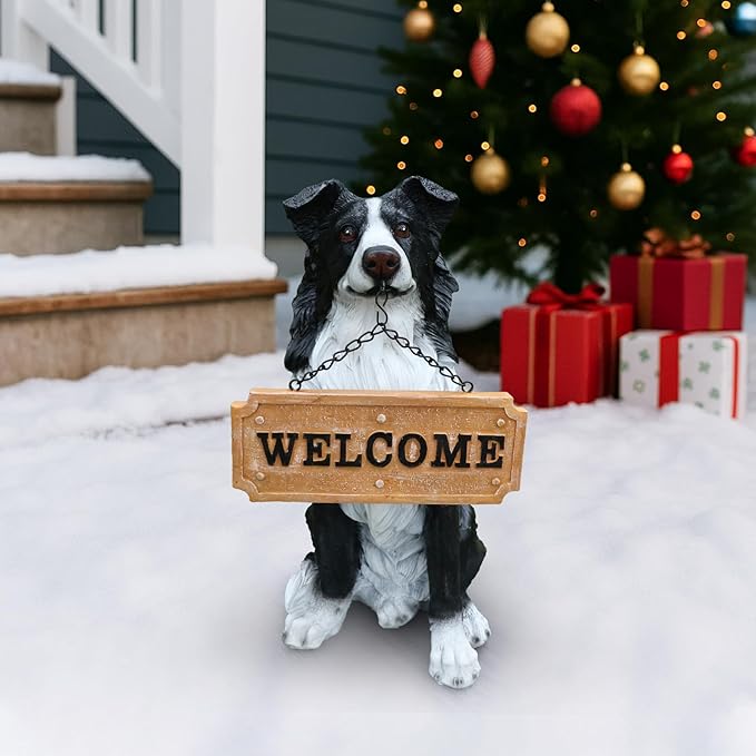 Outdoor Border Collie Dog Statue with Interchangeable Welcome Sign and Detachable Solar Lantern –LED Light Garden Dog Sculpture Décor, Cute Puppy Design for Yard, Porch, Gift