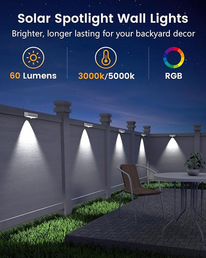 Solar Fence Lights Outdoor, 8 Pack, 50LM Ultra Bright, 3 Color Temperatures & RGB, IP65 Waterproof, Dusk-to-Dawn Solar Powered Fence Lights for Patio, Railing (White)