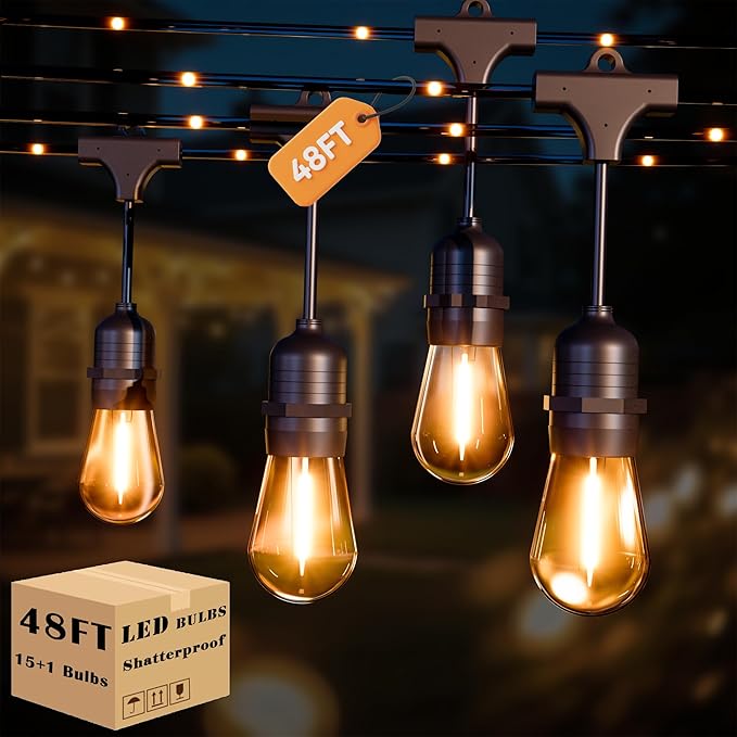 Outdoor String Lights with Lighted Tubing, 48 ft Outside String Lights with 16 (15+1spare) S14 Retro Bulbs & 144-LED Lighted Fairy Tubing, IP65 Waterproof &Connectable LED Light for Patio Bistro