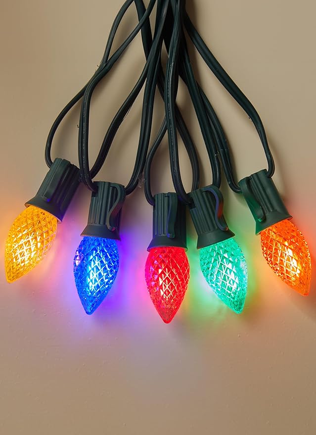 Multicolor C7 LED Christmas Lights Outdoor, 100FT Colorful Christmas String Lights with 100+4 Plastic Bulbs, Traditional Hanging Holiday Lights for Christmas Tree Patio Fence Roofline Xmas Decorations
