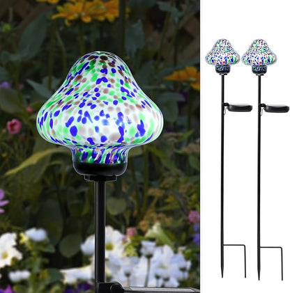 Bshine Mushroom Solar Outdoor Lights, Mosaic Mushroom Lamp Hand-Blown Glass Waterproof Metal Stakes Decorate Garden, Outdoor Yard Decor Backyard, Pathway, Porch and Lawn Ornaments 2 Pack