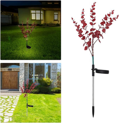 Cabilock Solar Eucalyptus Leaf Pathway Light Solar Garden Lamp Outdoor Landscape Lighting with Dark Red Flower Design Solar-Powered Lawn Stake Light for Patio and Yard Decoration