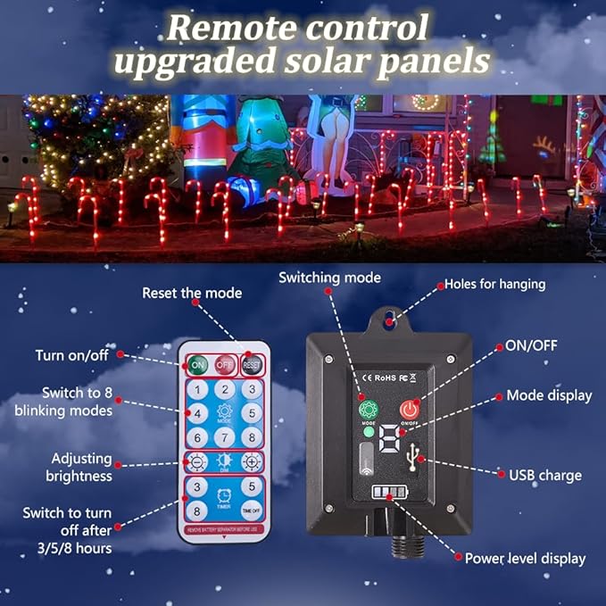 Candy Cane Lights Christmas Decorations, 12 Pack Solar Candy Cane Pathway Lights with 8 Modes and Timer, 72 LED | Lumora