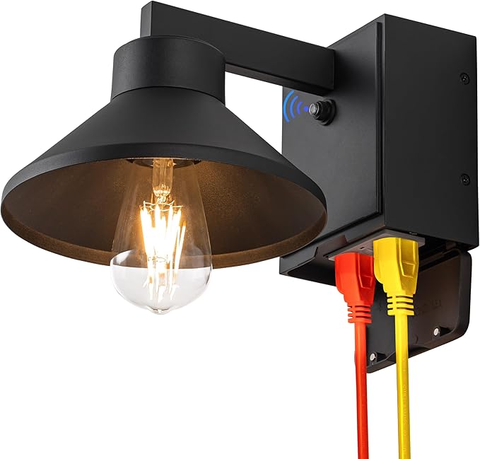 Dusk to Dawn Outdoor Barn Light Fixture with GFCI Outlet, Powder-coated Black Waterproof Exterior Wall Light Sconce, Photocell Sensor Porch Light Wall Mount with Outlet,Modern Farmhouse Outside Lights