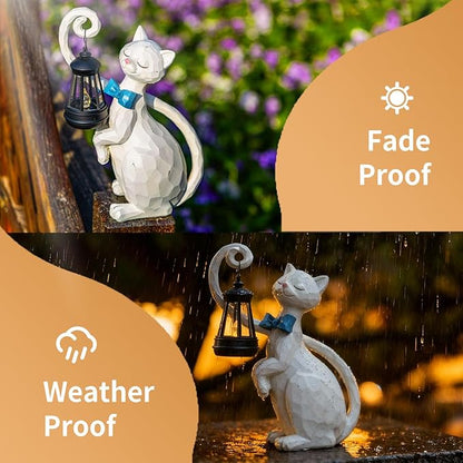 WHIMSYNOOK 10.7" White Cat Solar Garden Light Statue – Outdoor Garden & Yard Decor, LED Lantern, Gift for Cat Lovers