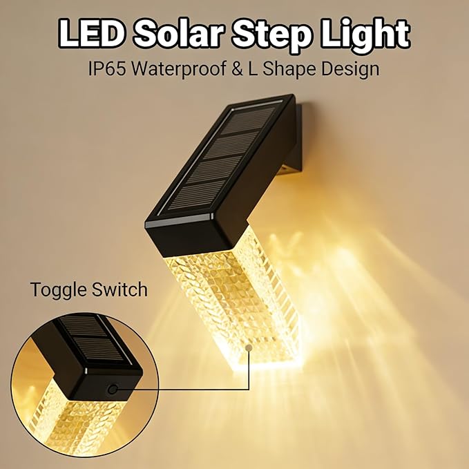 LED Solar Step Light, L Shape, Warm and RGB Color Temperature, Solar Pathway Light - IP65 Waterproof Design, Monocrystalline Charging, Garden Deck Safety Lighting