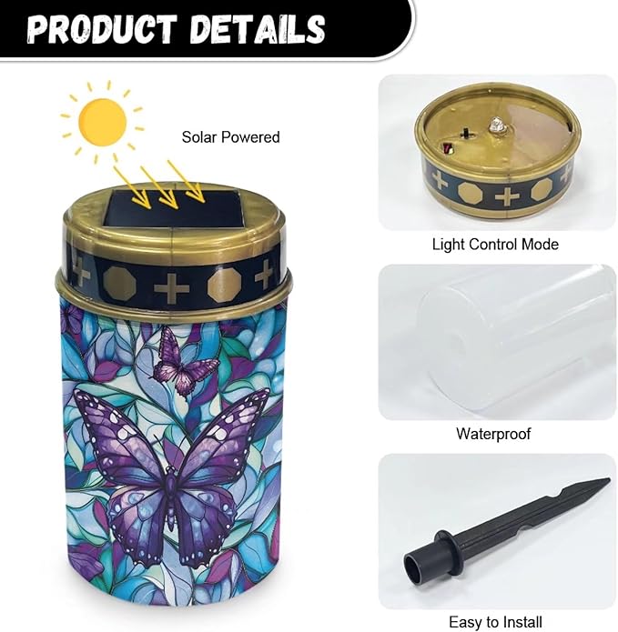 Purple Butterfly Cemetery Solar Lights Memorial Solar Lights Waterproof Grave Decorations Gifts for Cemetery Home Outdoors Lawn Outdoor Yard Patio