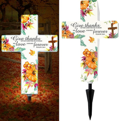 Yousoontic Thanksgiving Fall Solar Stake Lights Outdoor Garden Autumn Cross Yard Sign Garden Decor for Give Thanks to The Lord Harvest Yard Lawn Pathway Party