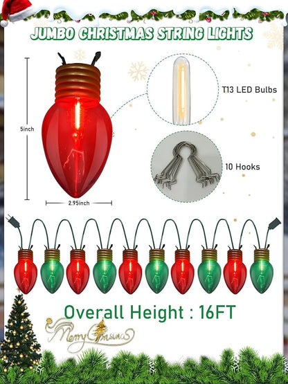 SUNSGNE Red and Green Giant Christmas Lights, 16FT Red and Green LED Christmas Lights with 10 Count 5'' Clear Glossy LED Bulbs for Xmas Roofline Patio Backyard Decorations