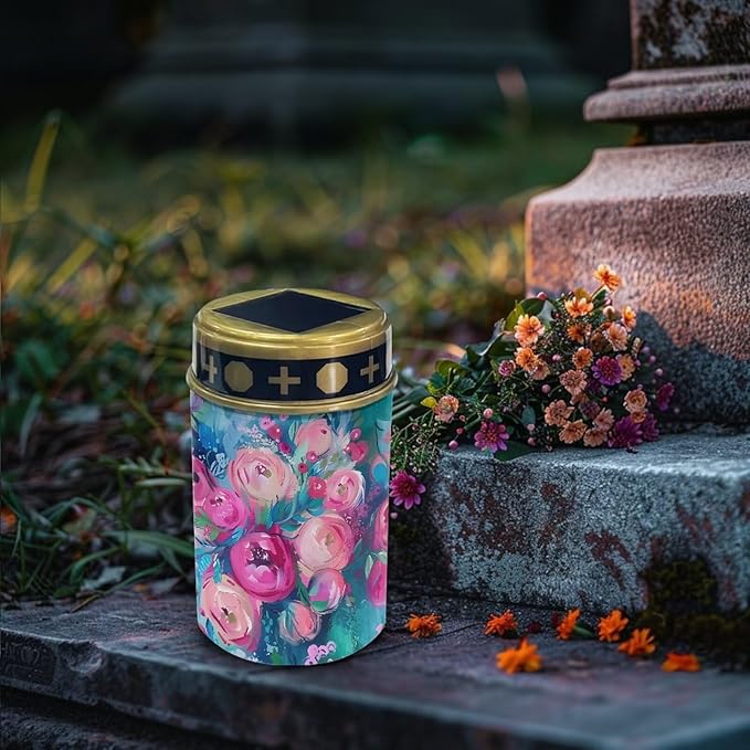 Pink Flower Garden Decor Solar Light Outdoor Stake Patio Yard Lawn Porch Pathway Grave Solar Lights for Cemetery Christmas Halloween Outside Waterproof Decorations