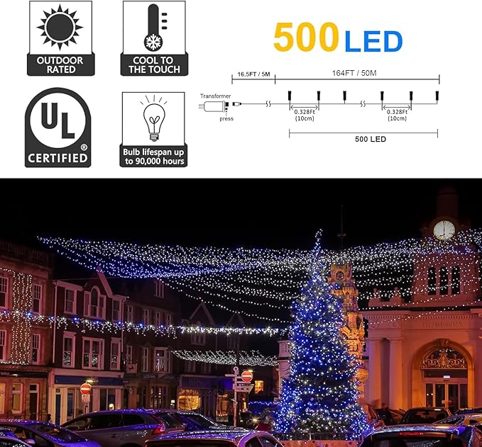 kemooie 500 LED Blue and White Christmas Lights, 164FT 8 Lighting Mode with Memory Plug in Christmas Tree Lights, for Outdoor Birthday Christmas Party Garden Balcony Decorations (Blue and White)