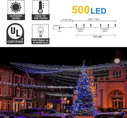 kemooie 500 LED Blue and White Christmas Lights, 164FT 8 Lighting Mode with Memory Plug in Christmas Tree Lights, for Outdoor Birthday Christmas Party Garden Balcony Decorations (Blue and White)