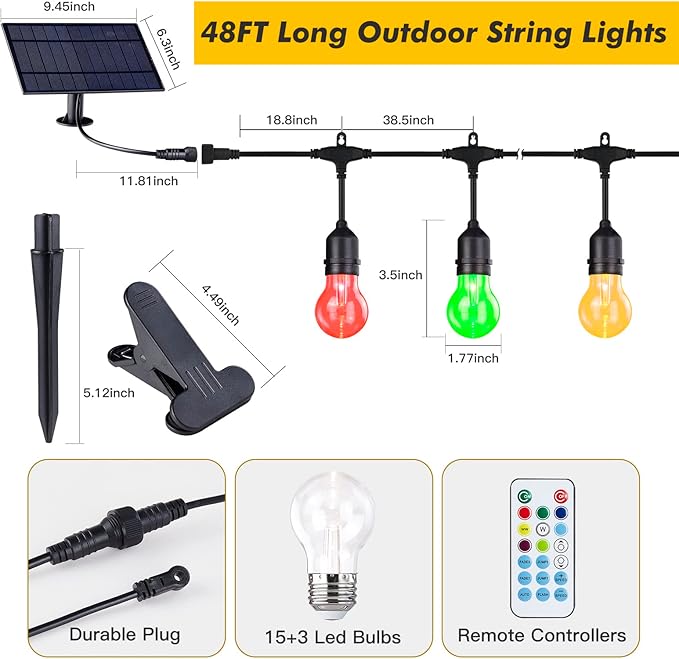 Solar Outdoor RGB String Lights, 48FT Dimmable Patio Lights with 15 Shatterproof Edison Bulbs, Commercial Grade | Lumora