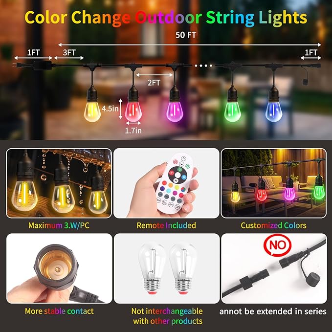 50FT Outdoor String Lights, Outdoor Lights for Patio,with 24+2 LED RGBW Color Change,3000K Bright White Waterproof Bulbs, Dimmer & Remote, Customized 12 Colors & 4 Modes, for Backyard Decor