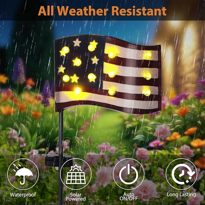 Garden Lights Solar Powered American Flag for Fourth of July Decorations, Memorial Day Decorations Outdoor Tall Patriotic Solar Patio Lights with 12 Vintage Bulbs 49.6" for Yard Pathway Lawn
