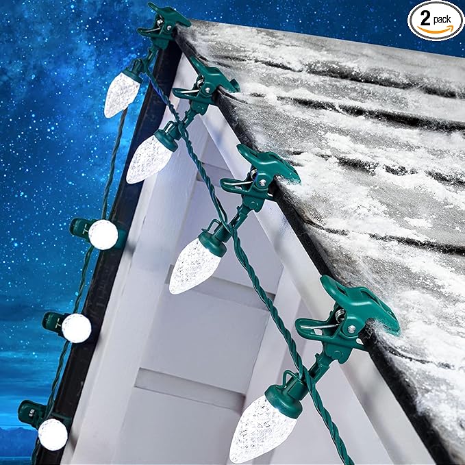 C9 LED Christmas Lights Outdoor with 100 Spring Clips, 65FT 100 LED C9 String Lights Waterproof Connectable Commercial Grade for Outside Roofline Patio House Garden Yard Christmas Decor, White 2 Pack
