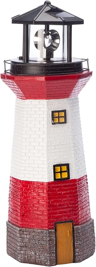 Miles Kimball Red Solar Lighthouse by Maple Lane Creations- Rotating LED Light Outdoor Décor - Lawn and Garden Resin Lighthouse