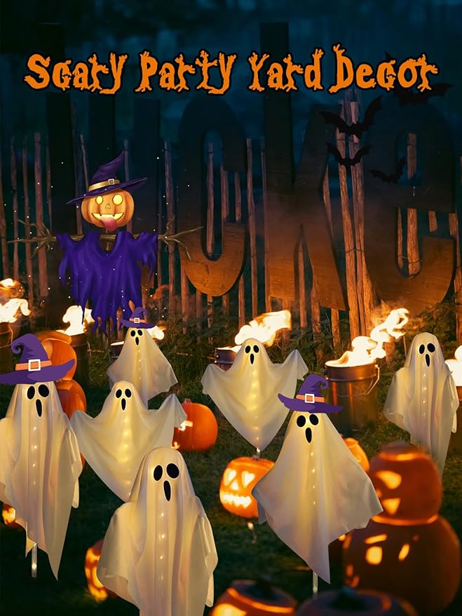 3-Pack Ghost Solar Powered Halloween Decorations Outdoor, Auto On/Off, Solar Halloween Lights for Garden Pathway Porch Yard Walkway Lawn Party Decor, 8 Modes & Waterproof Outdoor Halloween Decorations