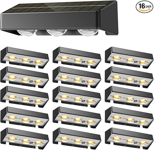 NIORSUN Solar Fence Lights,16 Pack Solars Deck Light,RGB Color,Outdoor Bulb Waterproof Led IP65,Outdoor Fence Light,Power Patio Lamp with Lenses for Outside/Backyard/Railing/Yard(Black)
